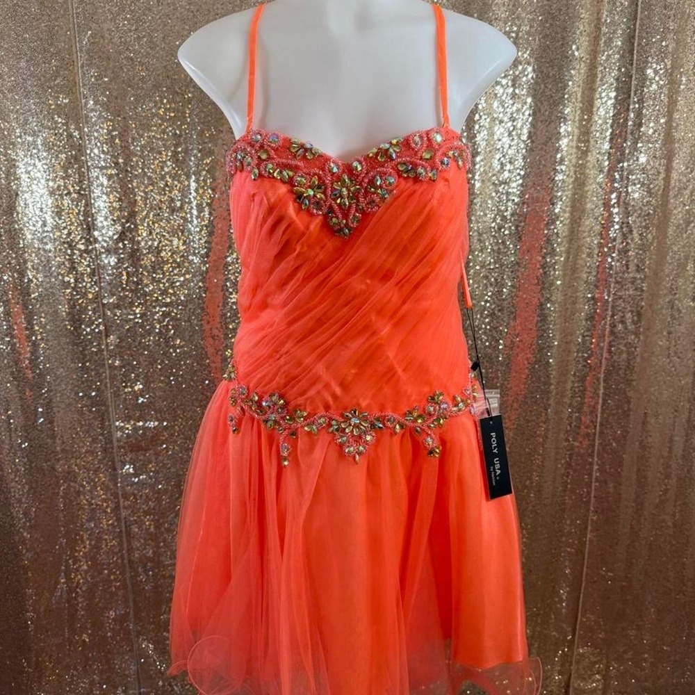 Neon Orange Rhinestone Beaded Dress with Scarf/Sizes L-2XL NEW